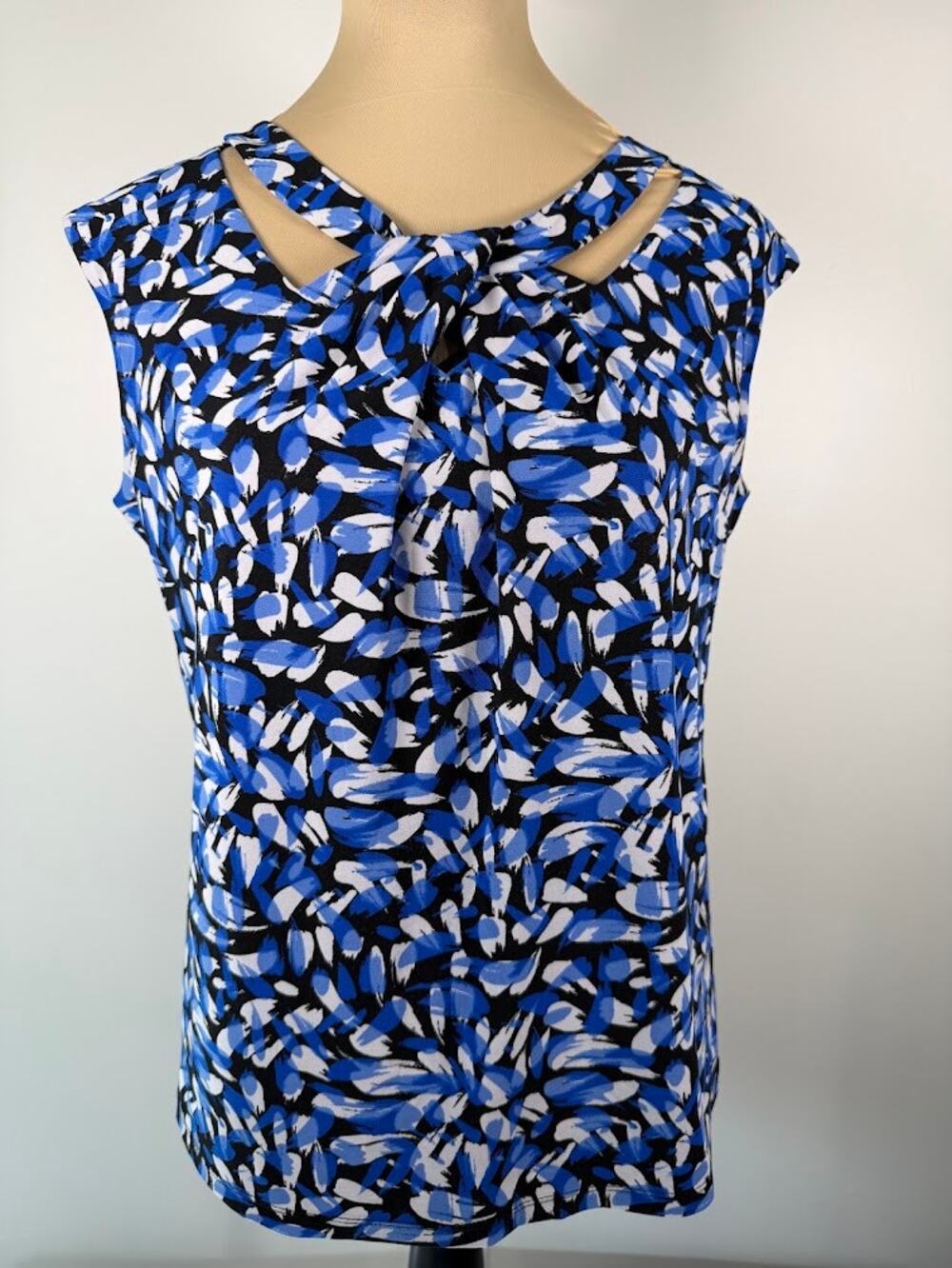 Kasper Womens Sleeveless Twist Neck Top Size M Blue Black White Abstract Lined